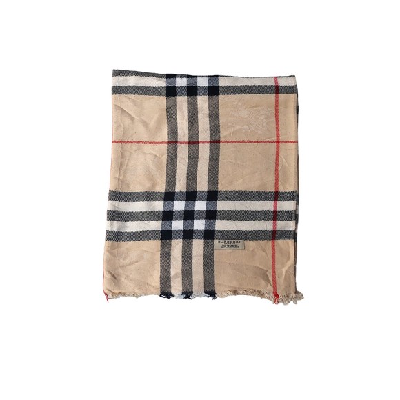 Vintage Burberry Light Brown Tan Black Red 100% Cashmere Shawl Scarves - Picture 1 of 3